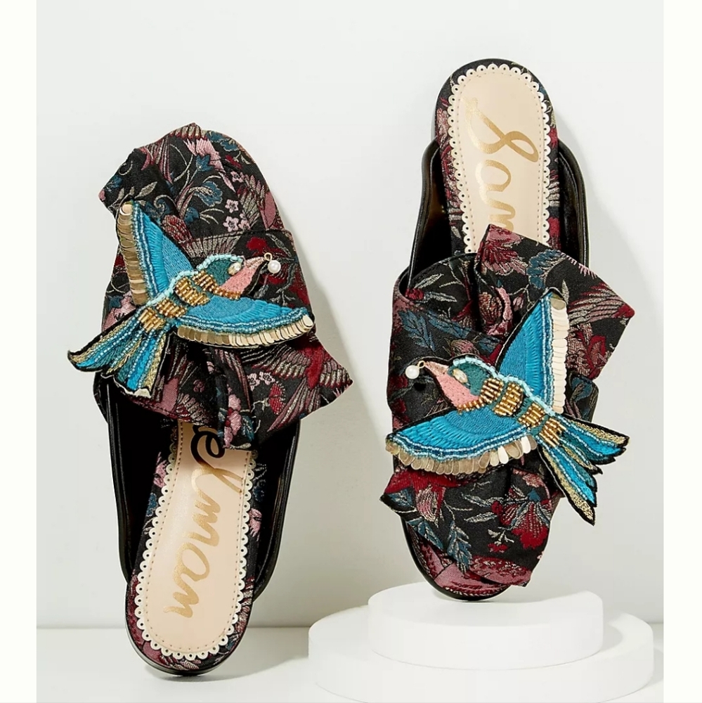 Sam Edelman Black Floral Mules with Blue Bird Embroidery